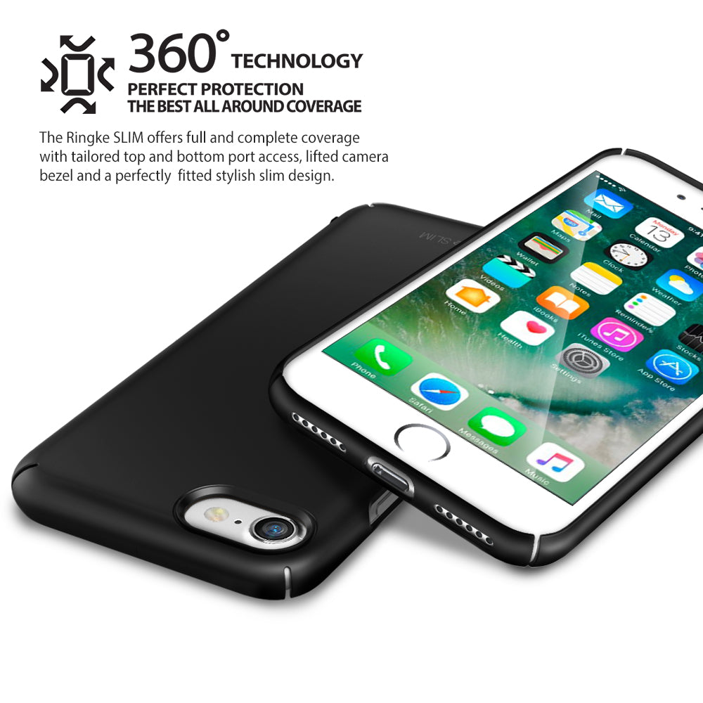 iPhone 8 / 7 Case | Slim - Black slim-fit phone case showing front and back views with precise port and camera cutouts.