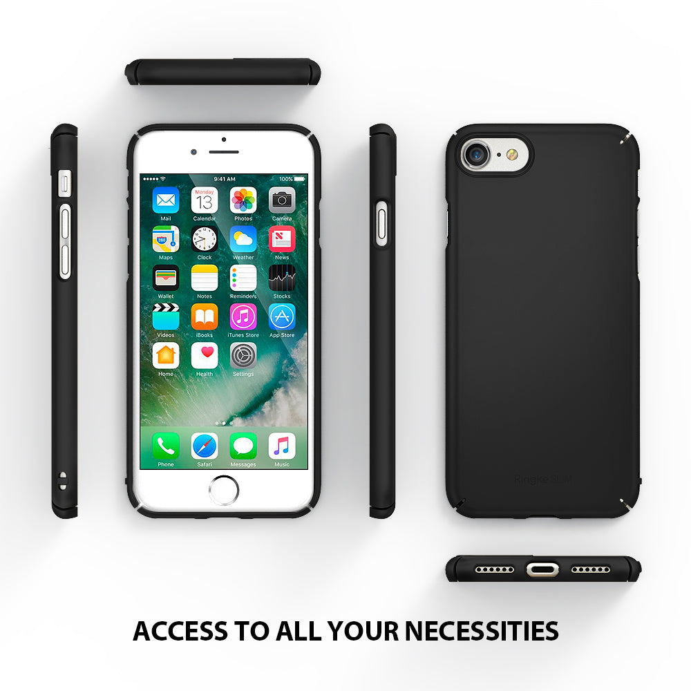 iPhone 8 / 7 Case | Slim - Multiple views of a black slim phone case showing front, back, and side port cutouts.