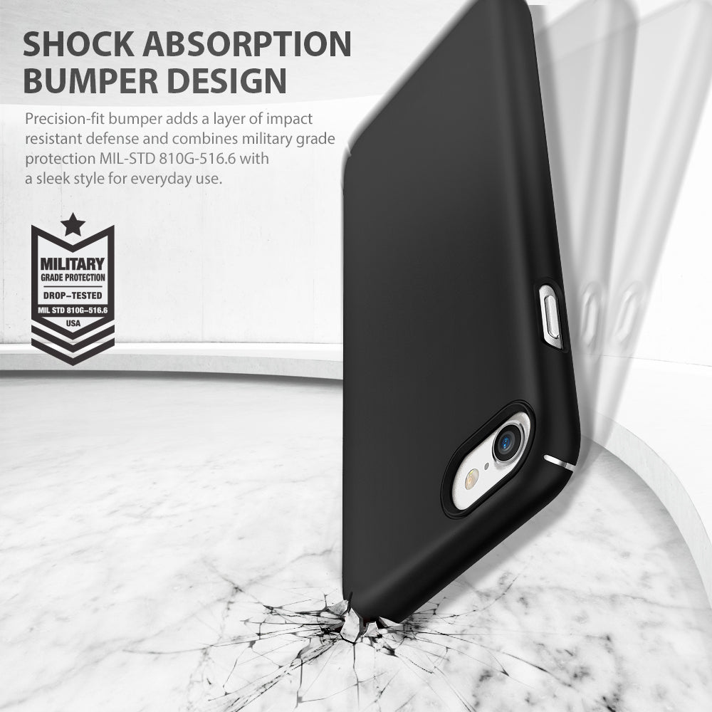 iPhone 8 / 7 Case | Slim - Black phone case on a cracked surface with military-grade drop protection text and badge.