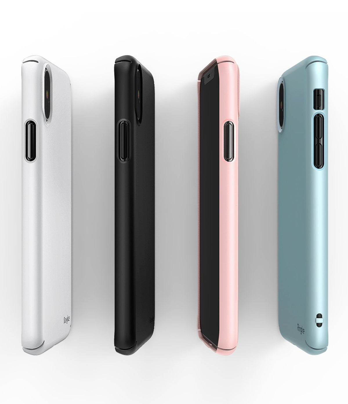 iPhone XS Case | Slim - Four slim iPhone XS cases in white, black, pink, and light blue arranged in a row against a white background.