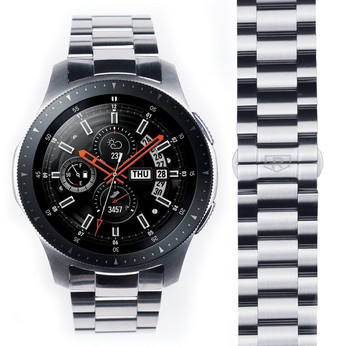 Galaxy Watch 46mm | Metal One Band - Silver stainless steel link watch band attached to a black Galaxy smartwatch.