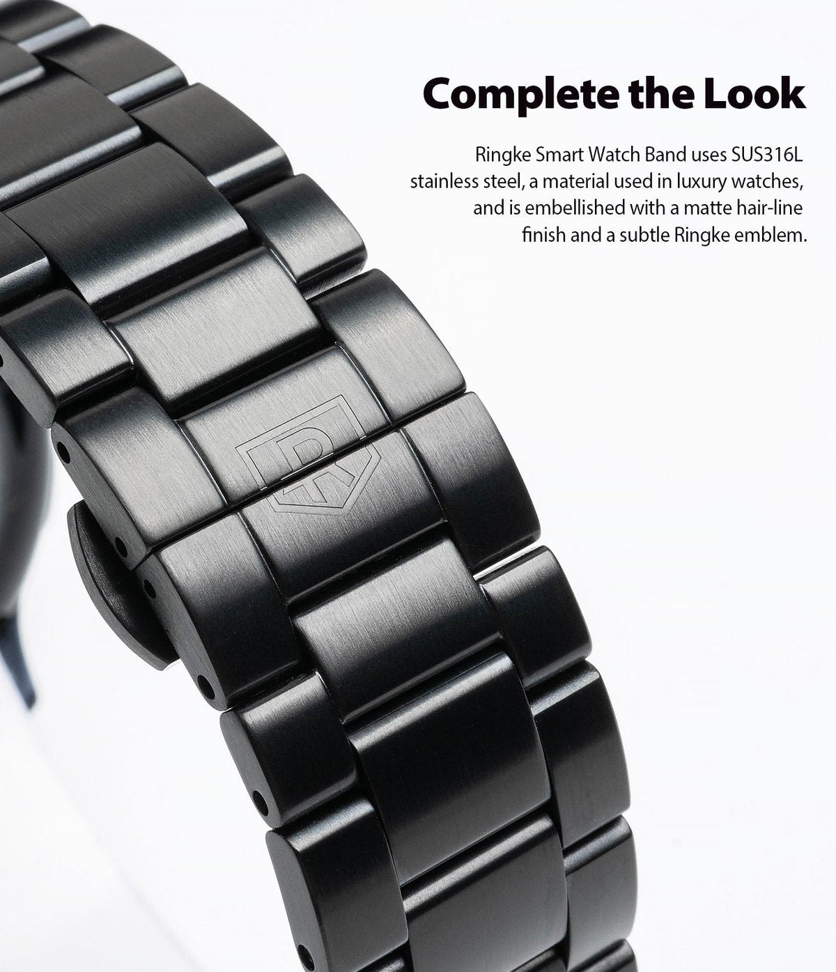 Galaxy Watch Active 2 44mm | Metal One Band - Close-up of a black matte stainless steel watch band with a subtle logo.