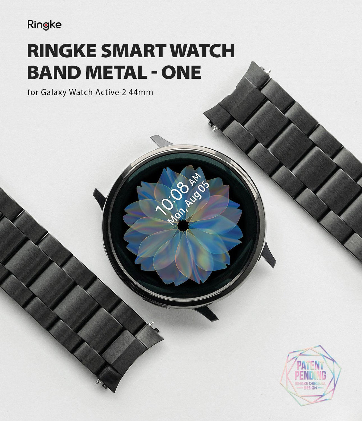 Galaxy Watch Active 2 44mm | Metal One Band - Black metal watch band laid flat with a Galaxy Watch Active 2.