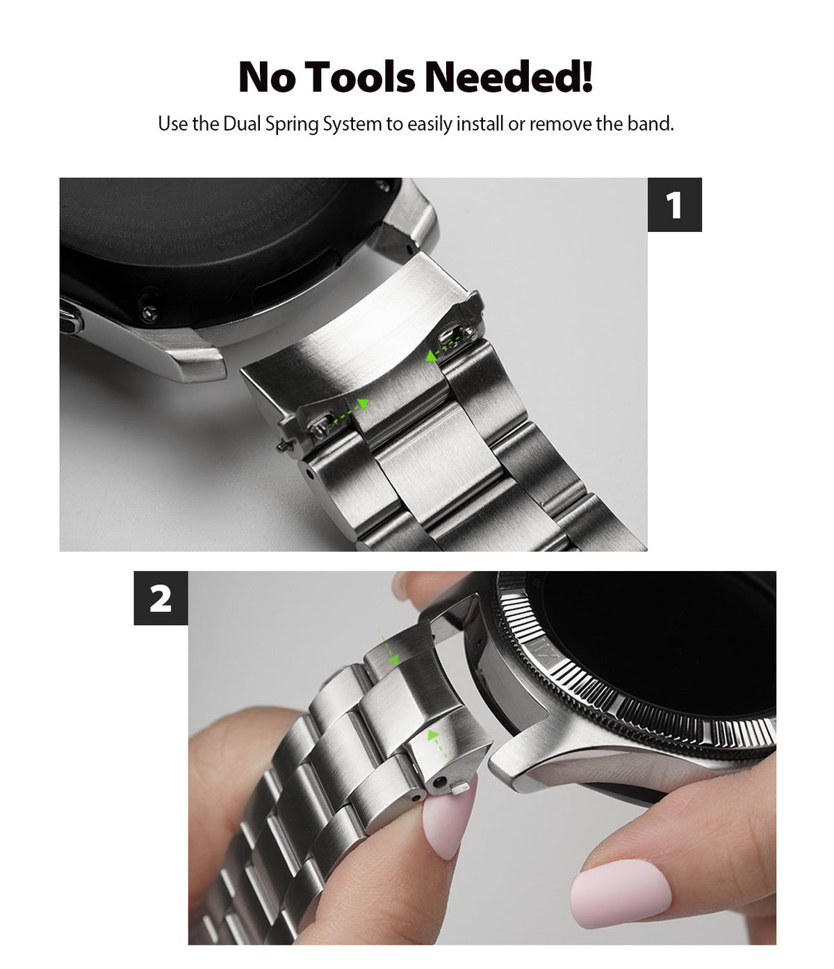 Galaxy Watch 46mm | Metal One Band - Two-step guide showing how to attach a metal watch band using a dual spring system.