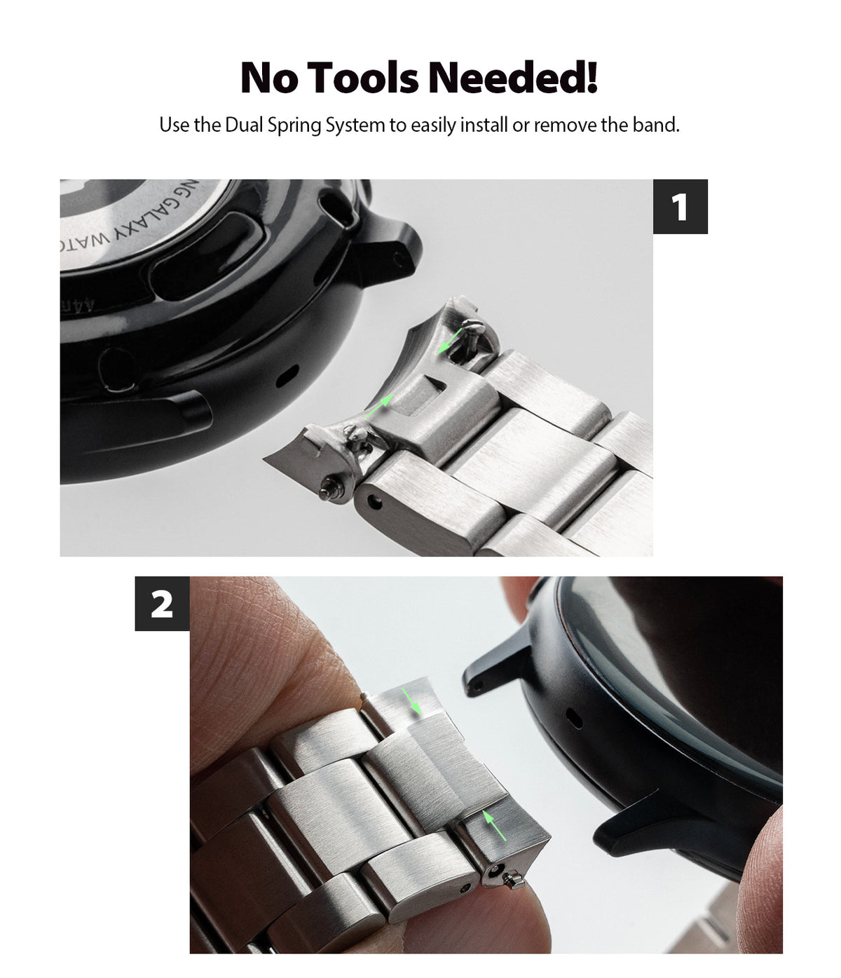 Galaxy Watch Active 2 44mm | Metal One Band - Two-step guide showing how to attach a metal watch band using a spring system.