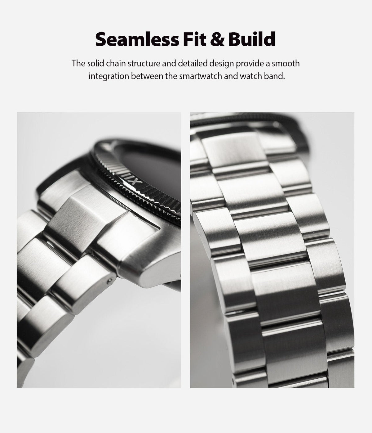 Galaxy Watch 46mm | Metal One Band - Close-up of a brushed stainless steel watch band attached to a Galaxy Watch.