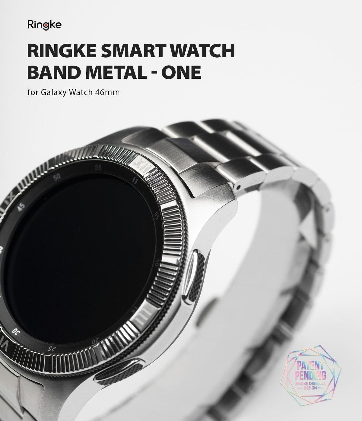 Galaxy Watch 46mm | Metal One Band - Close-up of a silver metal watch band attached to a Galaxy Watch with a textured bezel.