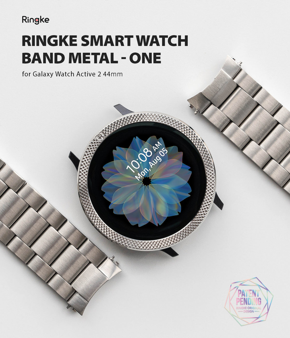 Galaxy Watch Active 2 44mm | Metal One Band - Silver metal watch band and textured bezel on a Galaxy Watch Active 2.
