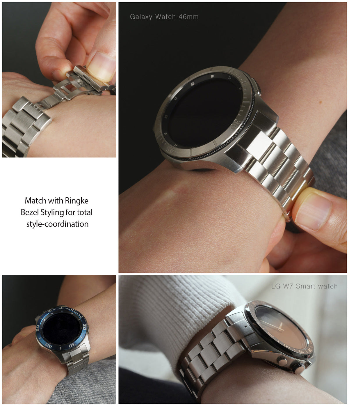 Galaxy Watch 46mm | Metal One Band - Close-up of a stainless steel watch band being adjusted and worn on a wrist.
