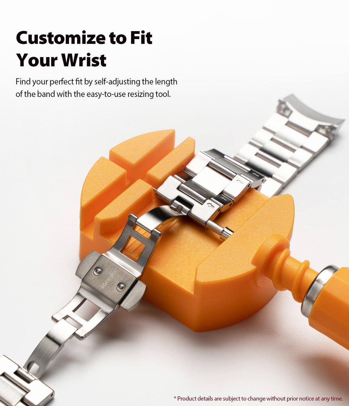 Galaxy Watch 46mm | Metal One Band - A metal watch band being adjusted by an orange resizing tool on a white surface.
