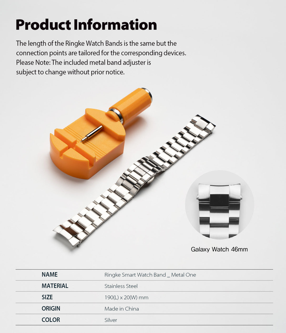 Galaxy Watch 46mm | Metal One Band - Silver stainless steel watch band, orange link adjuster tool, and watch connector detail.