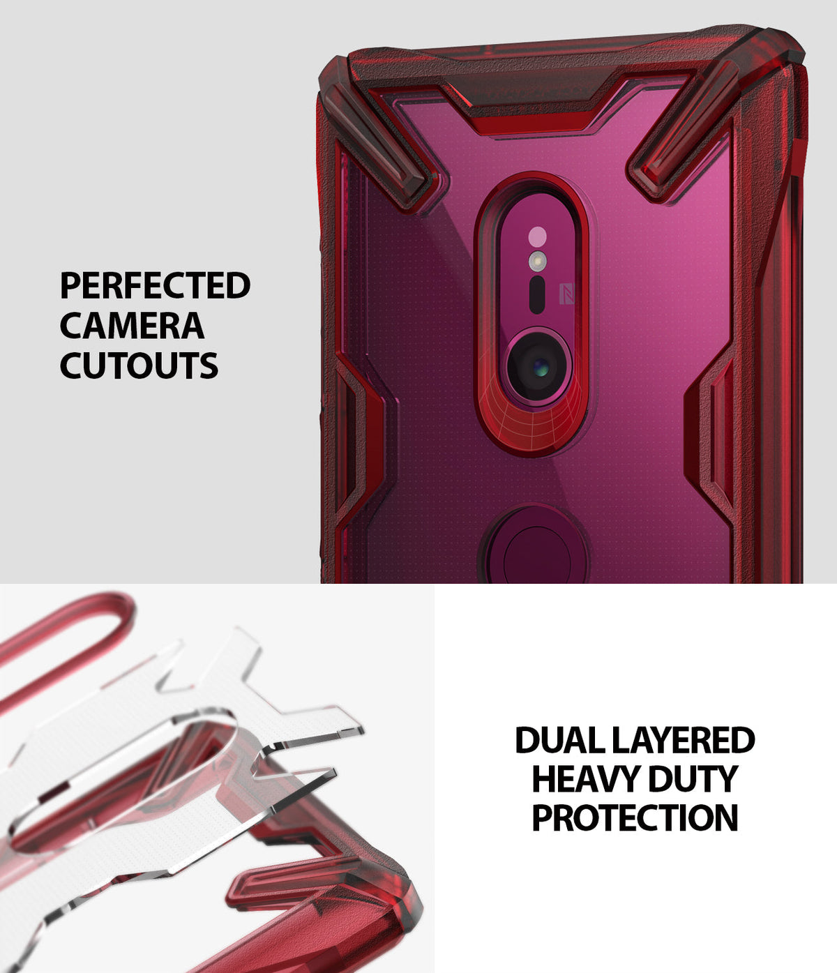 Xperia XZ3 Case | Fusion-X - Ruby red protective phone case showing camera cutouts and dual-layered construction details.