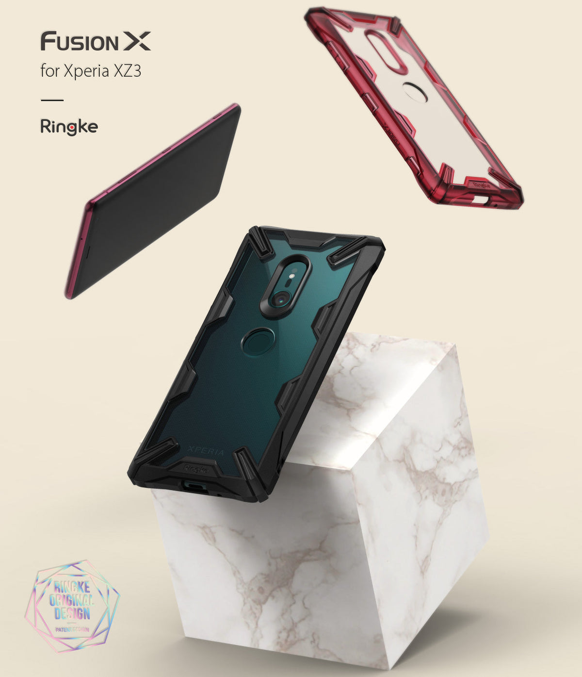 Xperia XZ3 Case | Fusion-X - A phone in a black rugged case resting on a marble block with a red case floating above.