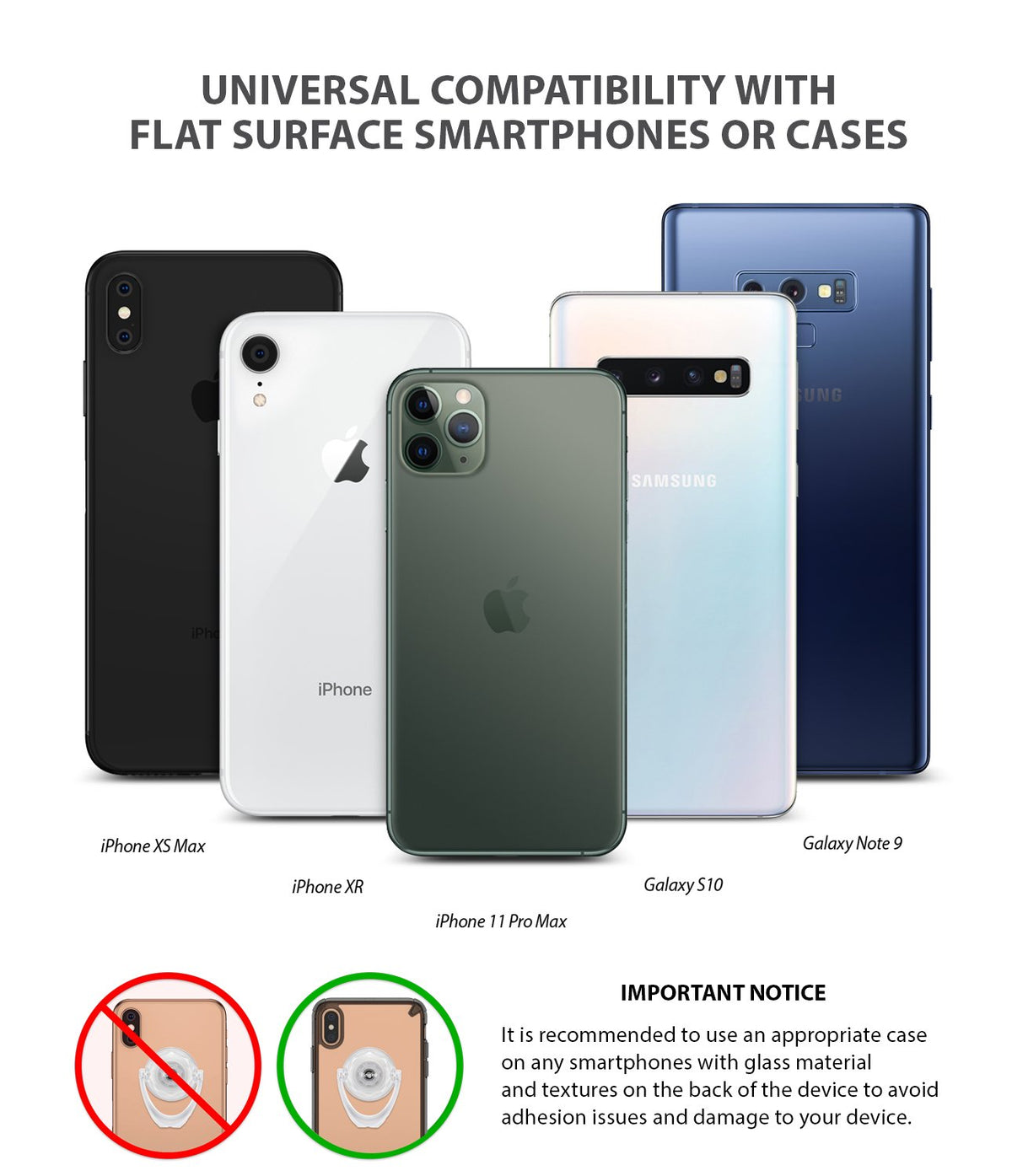 Prism Ring - Five smartphones displayed to show universal compatibility with flat surfaces and cases.