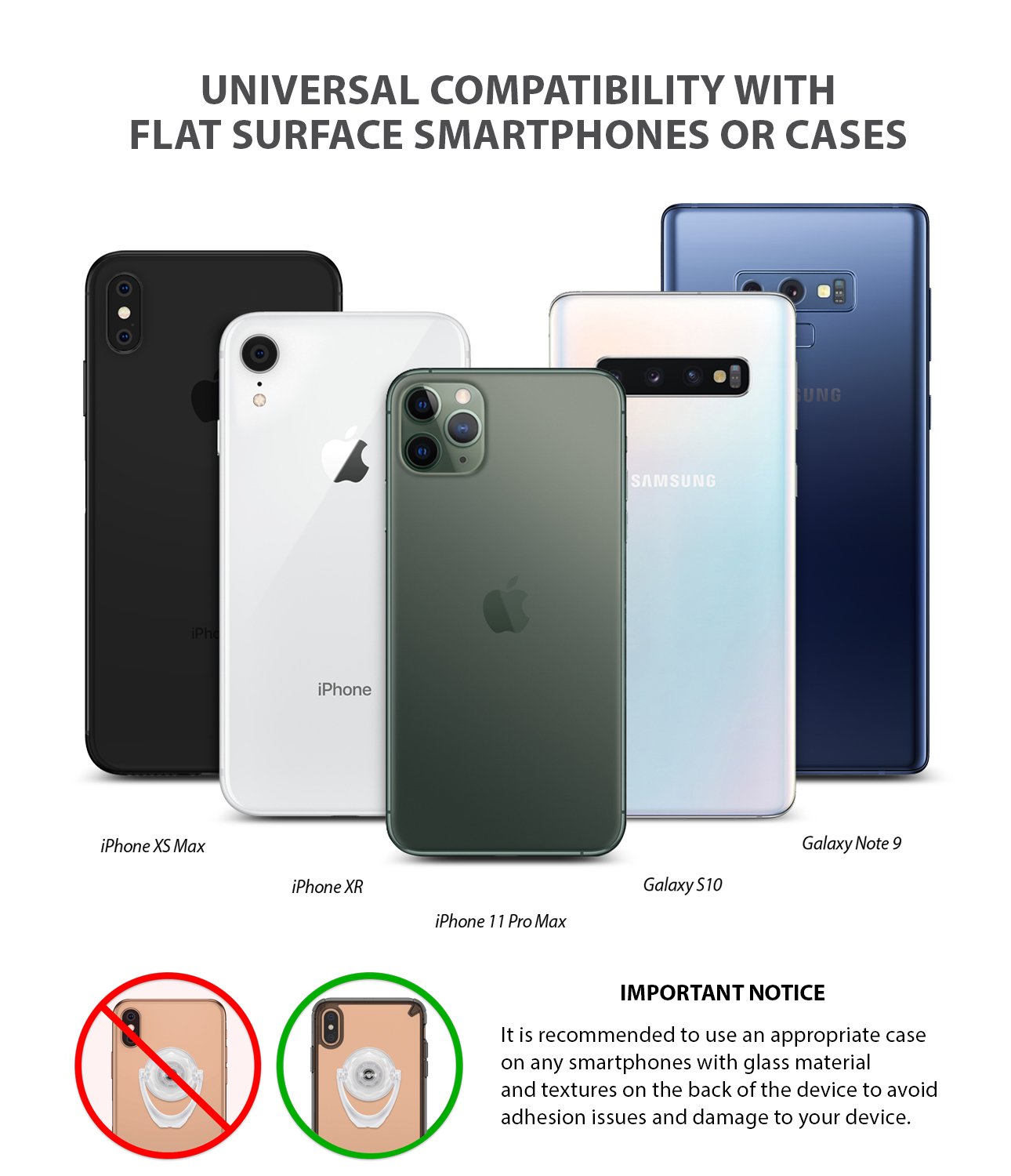 Prism Ring - Five smartphones displayed with a notice recommending case use for glass-backed devices to ensure adhesion.