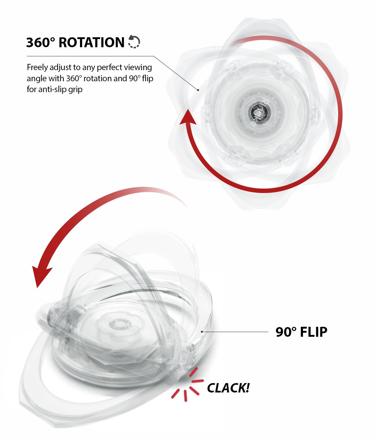 Prism Ring - Diagram showing 360-degree rotation and 90-degree flip functionality of a clear phone ring holder.