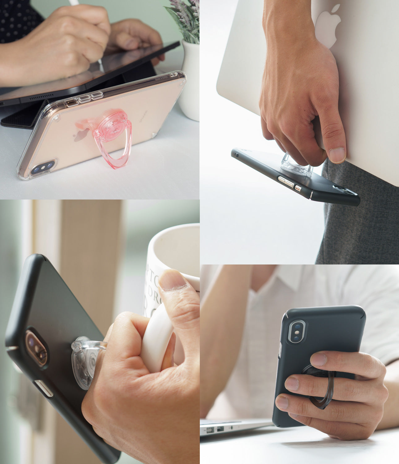 Prism Ring - Collage showing a phone ring holder used as a stand, grip, and finger loop for secure handling.