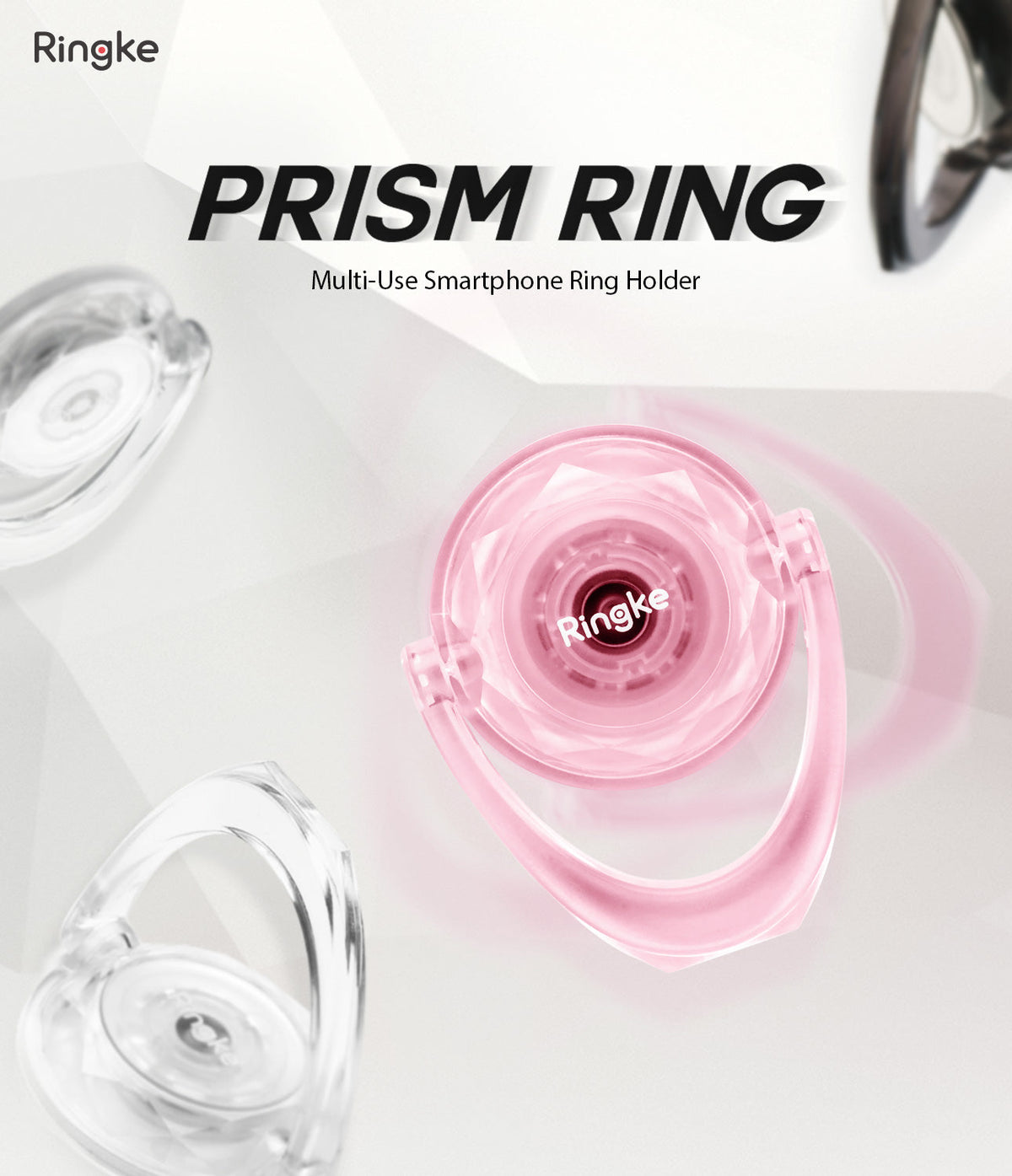 Prism Ring - A pink, faceted smartphone ring holder with the Ringke logo, displayed against a white geometric background.