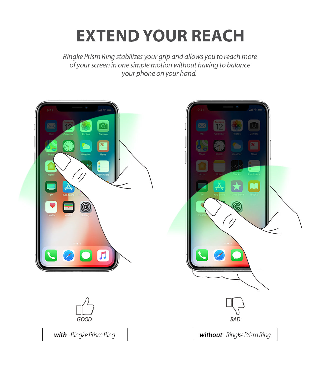 Prism Ring - Comparison showing improved screen reach with the ring versus limited reach without it.