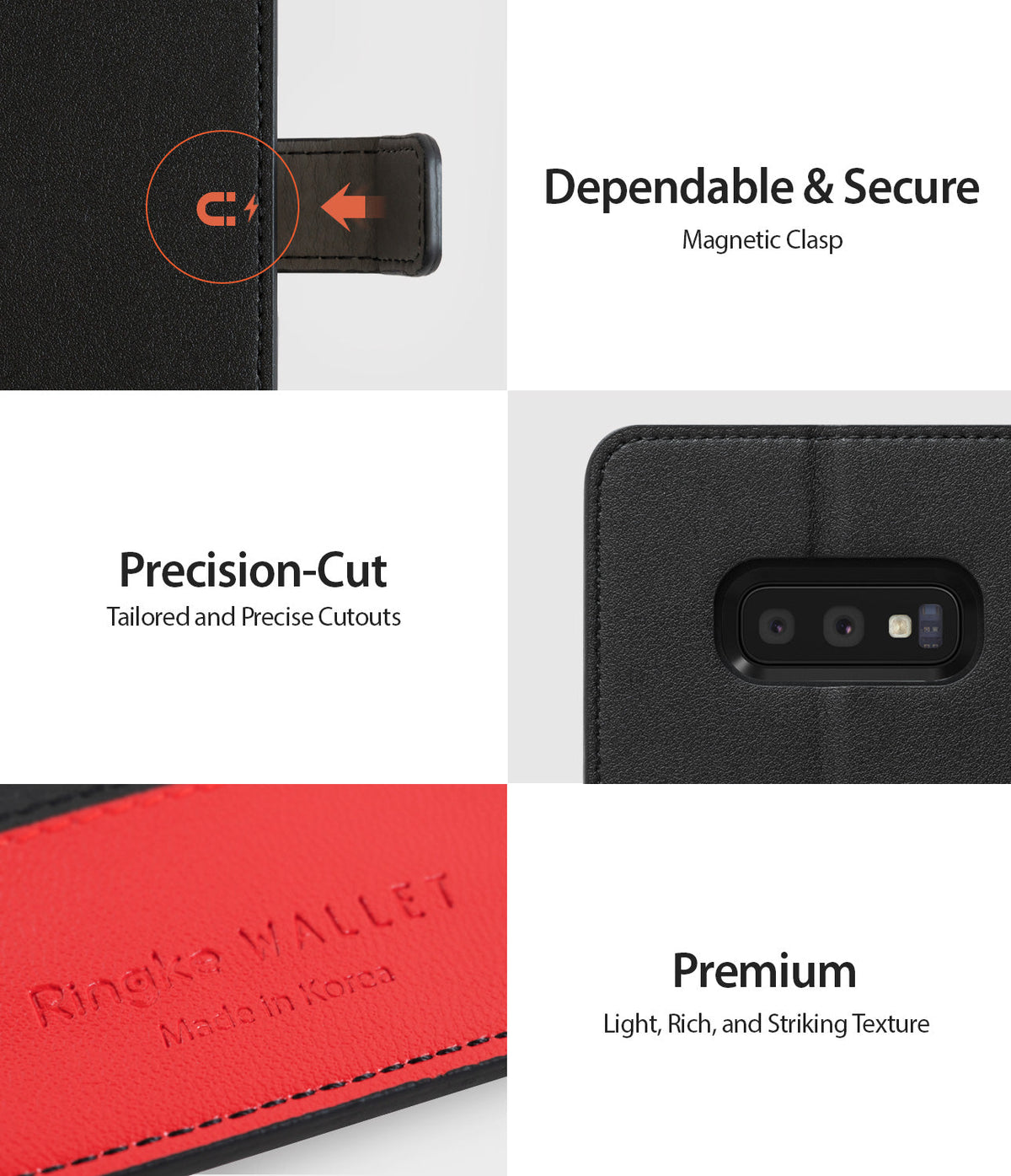 Galaxy S10e Case | Wallet - Features magnetic clasp, precise camera cutouts, and textured red and black leather finish.