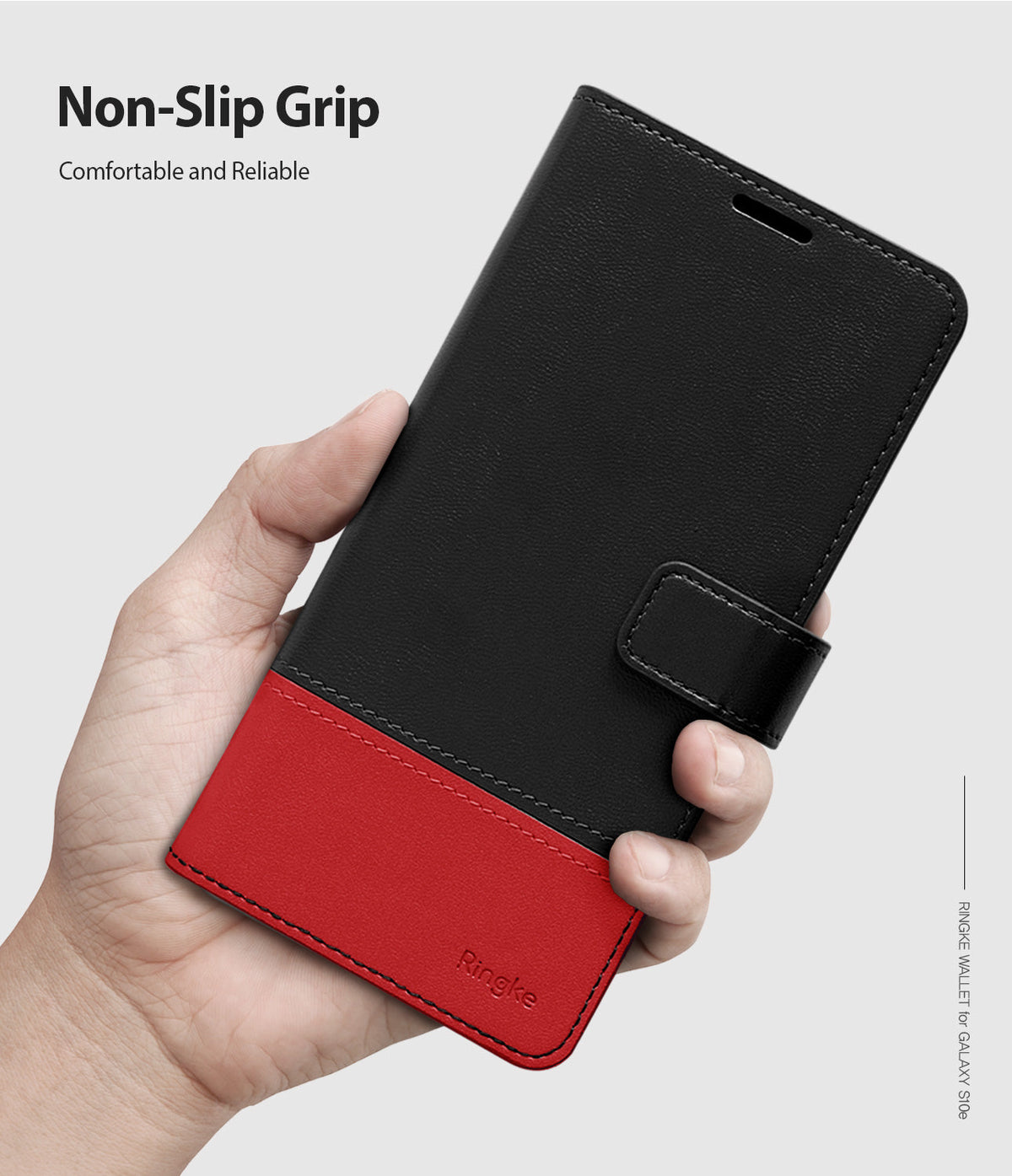 Galaxy S10e Case | Wallet - A hand holds a black and red leather wallet case for a Galaxy S10e with a magnetic strap.