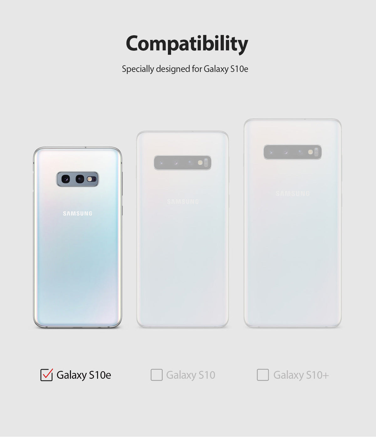 Galaxy S10e Case | Wallet - Compatibility chart showing Galaxy S10e highlighted next to S10 and S10+ models.