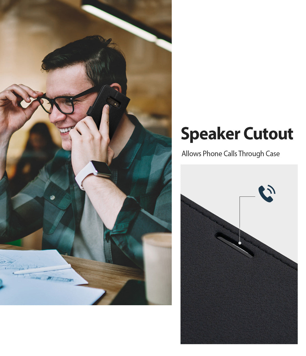 Galaxy S10e Case | Wallet - Man talking on a phone with a black wallet case featuring a speaker cutout for calls.