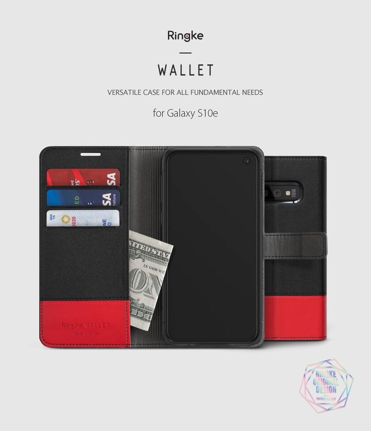 Galaxy S10e Case | Wallet - Black and red leather wallet case for Galaxy S10e with card slots and cash pocket.