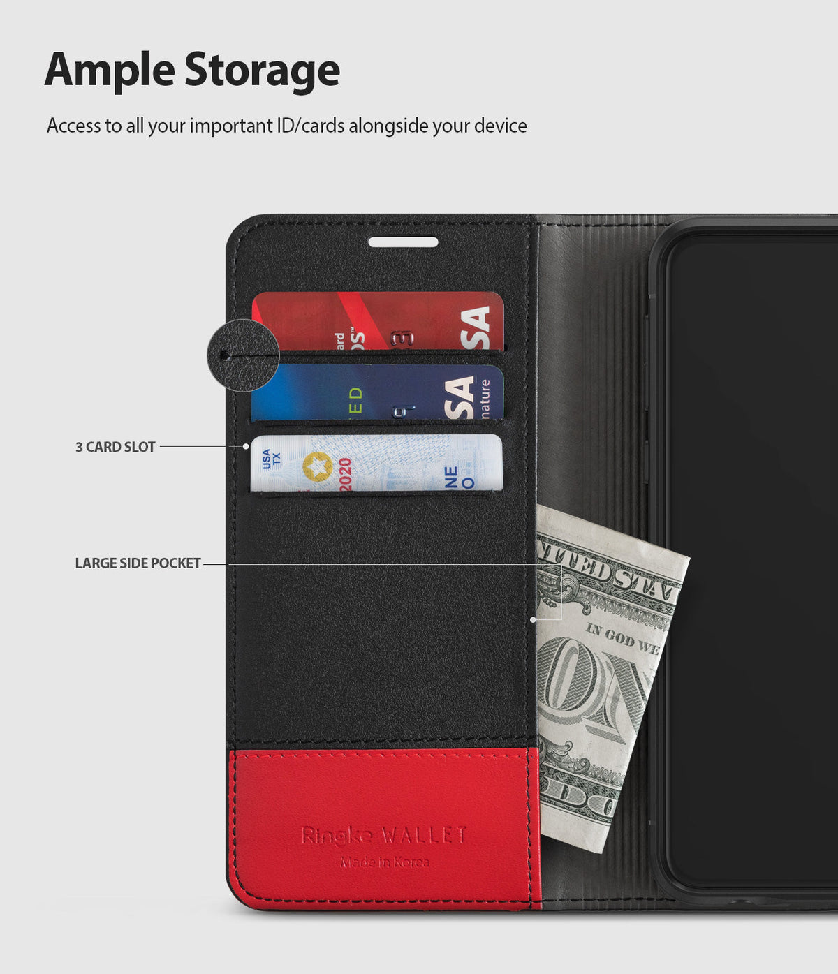 Galaxy S10e Case | Wallet - Black and red wallet case with three card slots and a large side pocket holding cash.