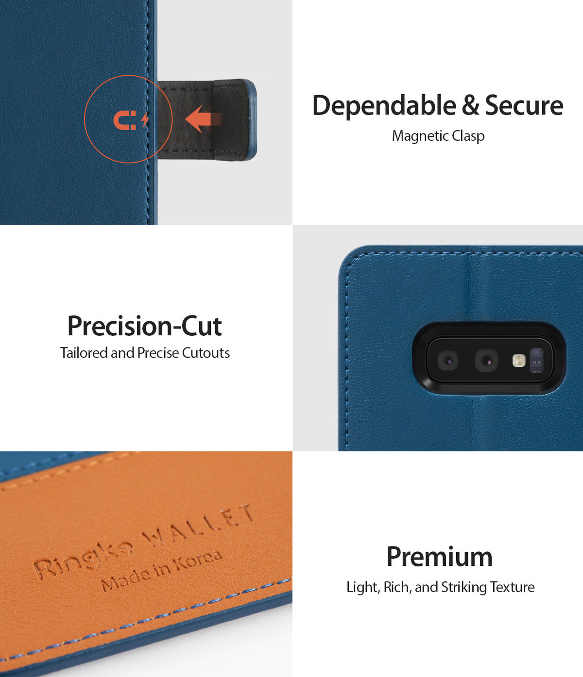 Galaxy S10e Case | Wallet - Features magnetic clasp, precise camera cutouts, and premium textured leather interior.