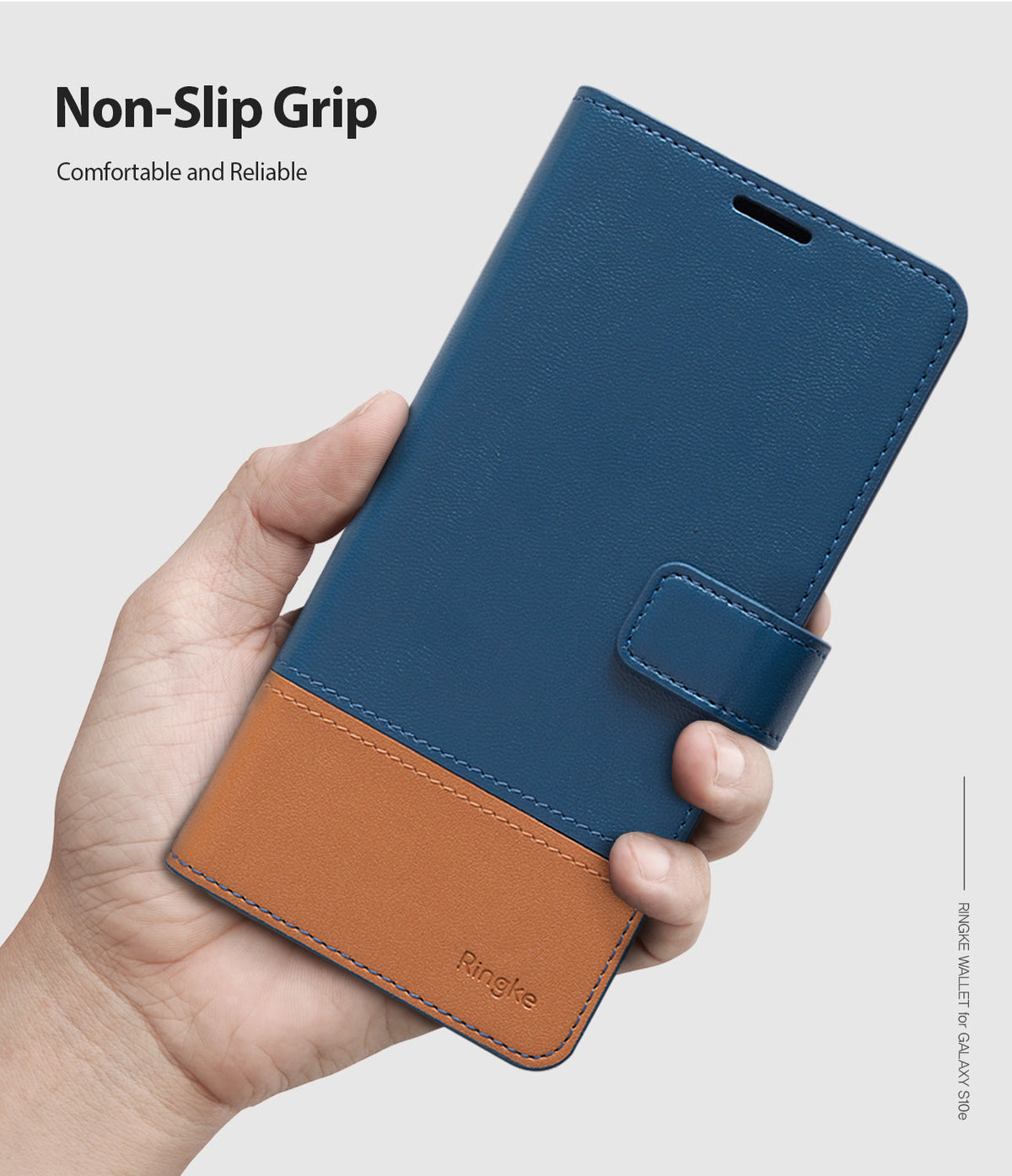 Galaxy S10e Case | Wallet - A hand holding a blue and brown leather wallet case for a Galaxy S10e with a magnetic strap.