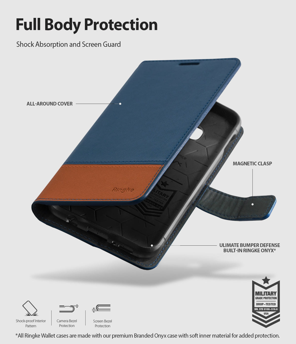 Galaxy S10e Case | Wallet - Blue and brown leather wallet case with magnetic clasp and shock-proof interior for Galaxy S10e.