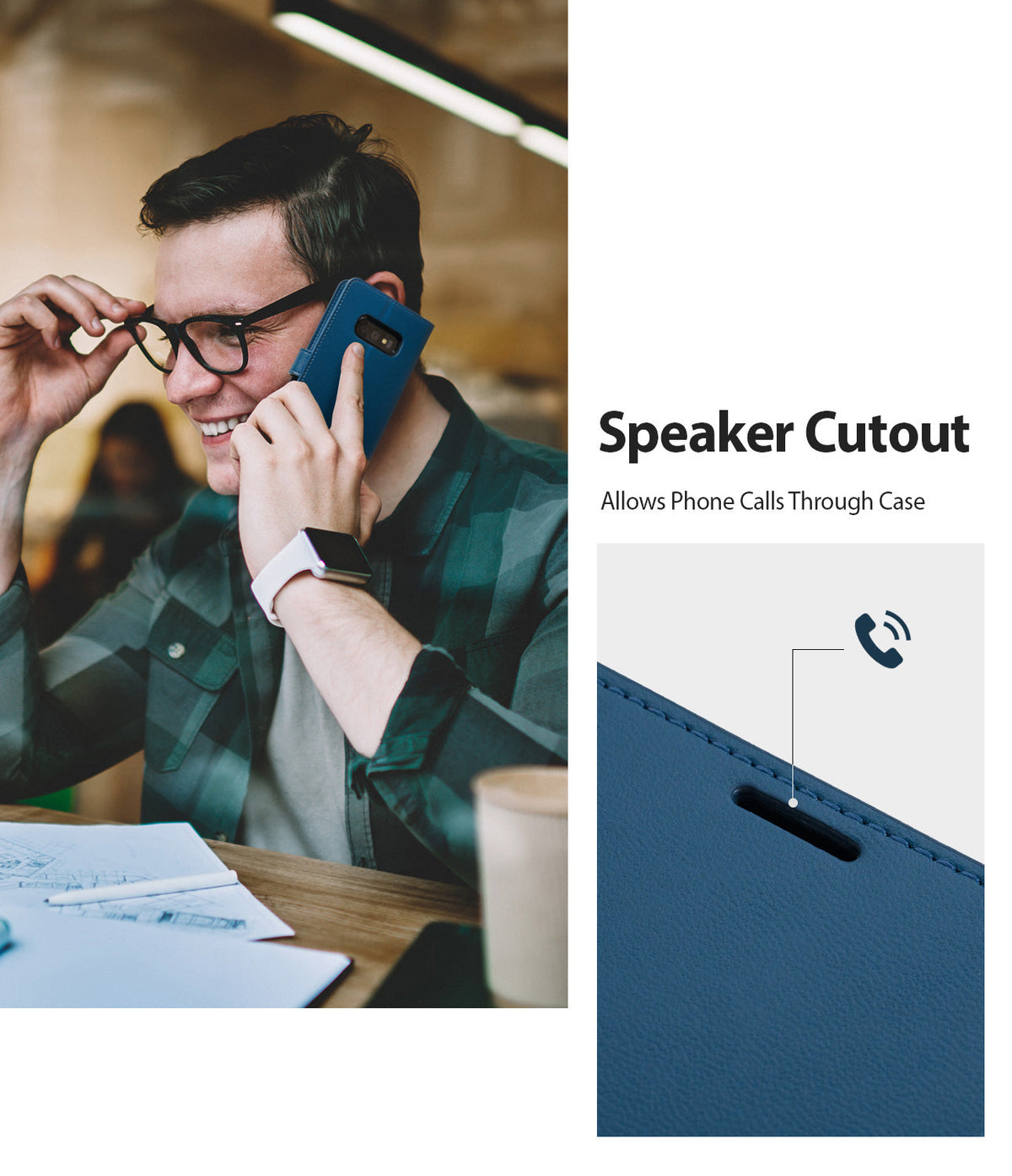 Galaxy S10e Case | Wallet - Man talking on a blue wallet phone case with a close-up highlighting the speaker cutout.