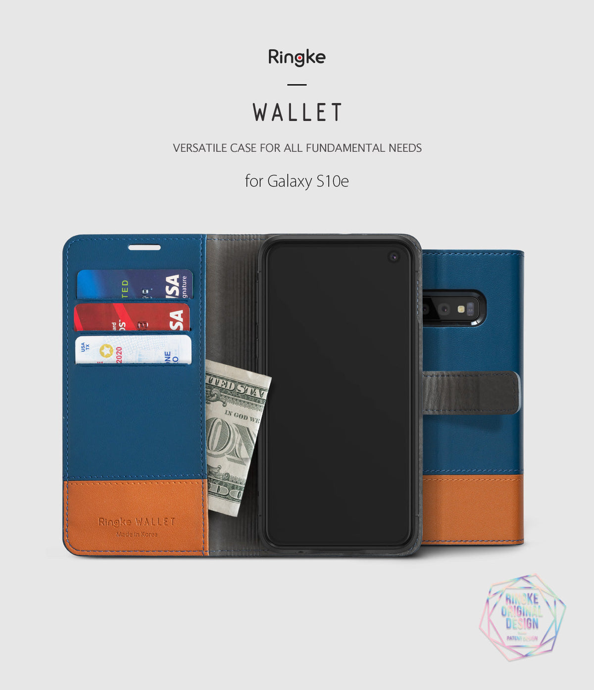 Galaxy S10e Case | Wallet - Blue and brown leather wallet case for Galaxy S10e with card slots and cash pocket.