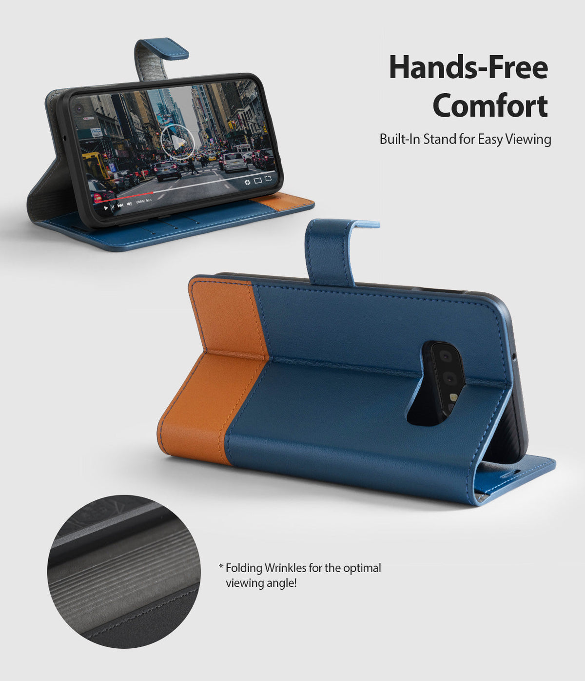 Galaxy S10e Case | Wallet - Navy and brown leather wallet case for Galaxy S10e folded into a stand for hands-free viewing.