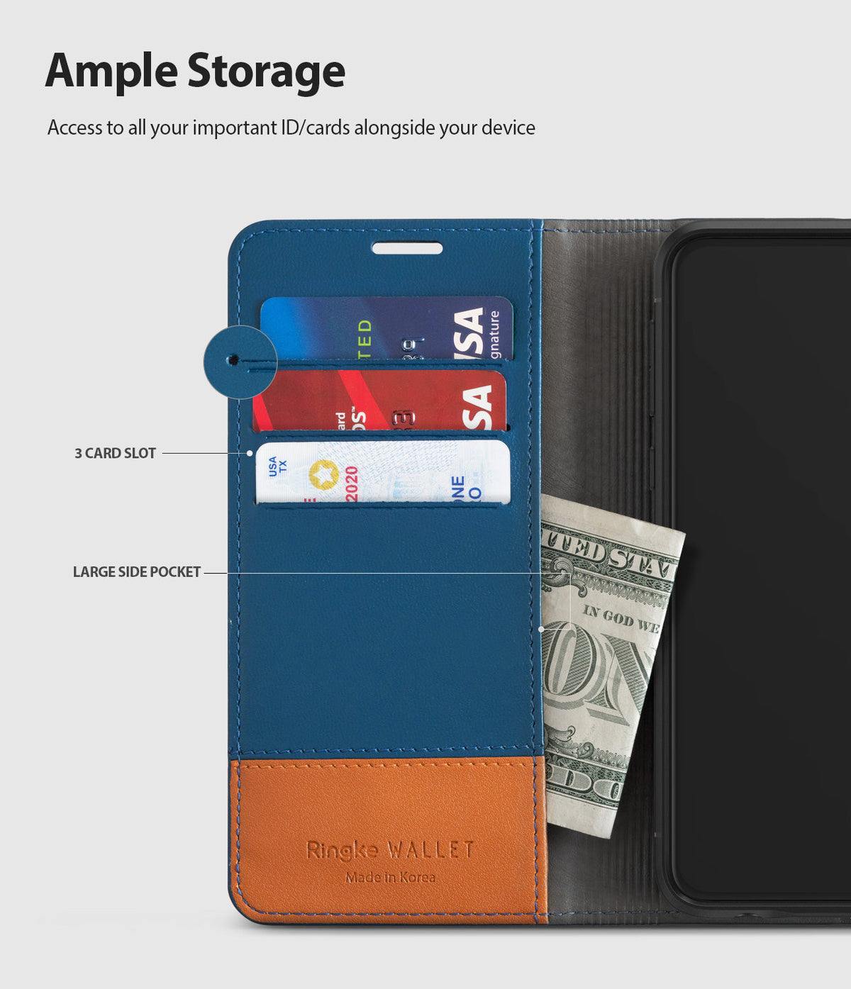 Galaxy S10e Case | Wallet - Blue and brown wallet case with three card slots and a side pocket holding cash and cards.