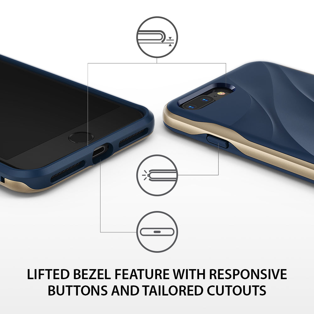 iPhone 8 Plus / 7 Plus Case | Wave - Blue and gold phone case showing lifted screen bezels and responsive buttons.