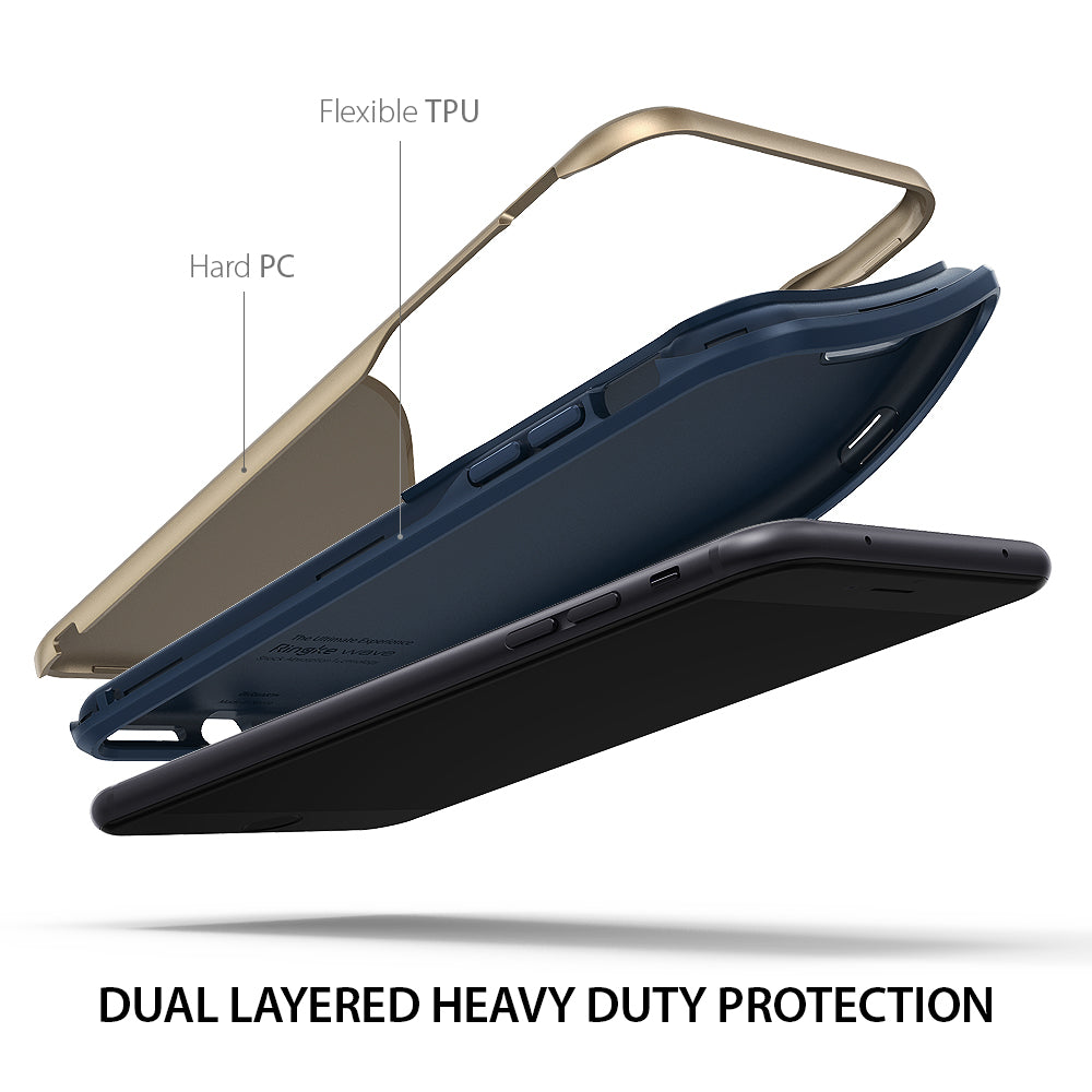 iPhone 8 Plus / 7 Plus Case | Wave - Exploded view of a gold and navy dual-layer phone case with a smartphone.