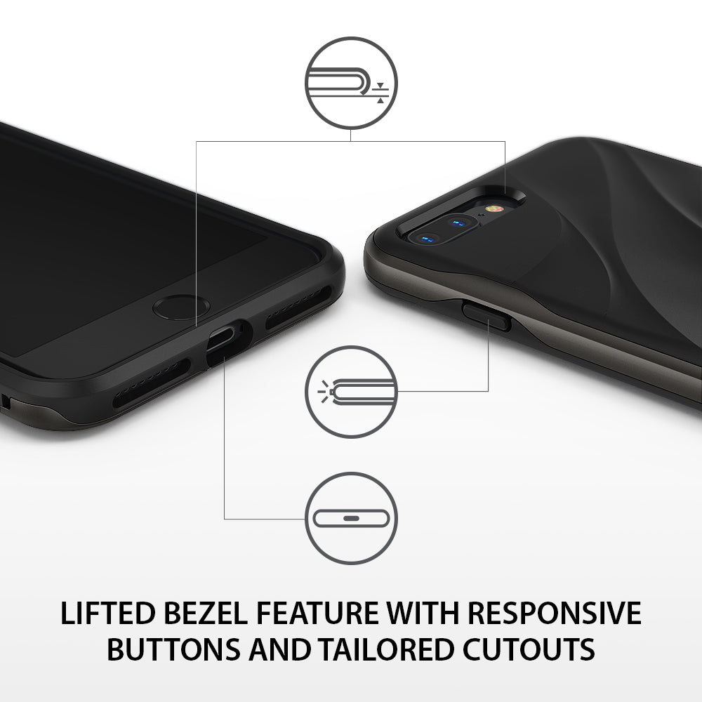 iPhone 8 Plus / 7 Plus Case | Wave - Diagram showing lifted bezels, responsive buttons, and precise port cutouts.
