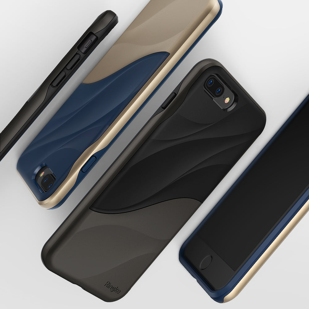 iPhone 8 Plus / 7 Plus Case | Wave - Three phone cases with wavy, dual-tone designs in navy/gold and black/grey.