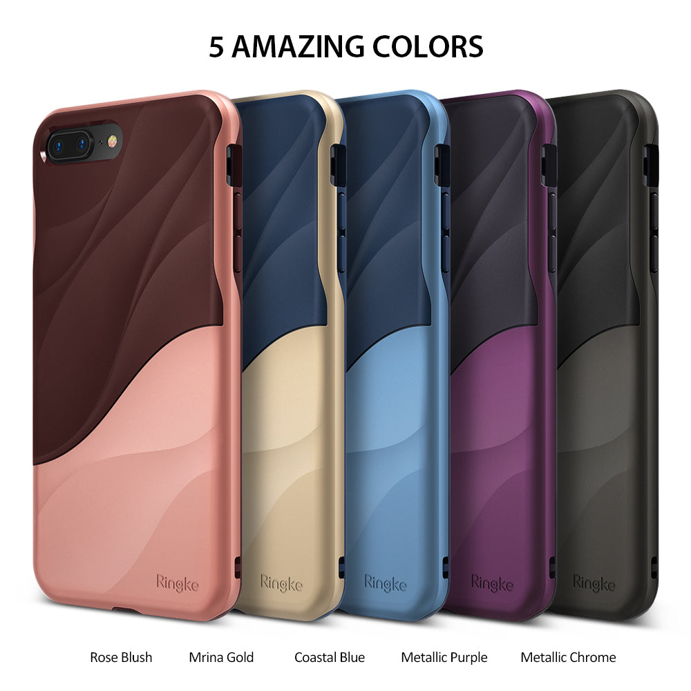 iPhone 8 Plus / 7 Plus Case | Wave - Five iPhone cases in wave-patterned color combinations lined up against a white background.