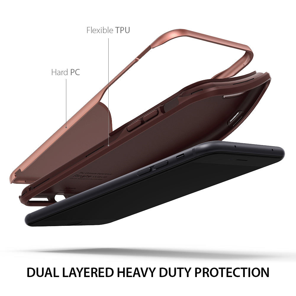 iPhone 8 Plus / 7 Plus Case | Wave - Exploded view of a dual-layer rose gold phone case with flexible TPU and hard PC.