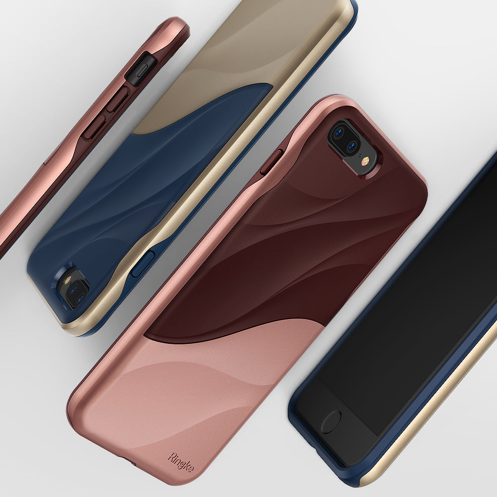 iPhone 8 Plus / 7 Plus Case | Wave - Two phone cases with wavy, dual-tone designs in rose gold/brown and navy/gold.