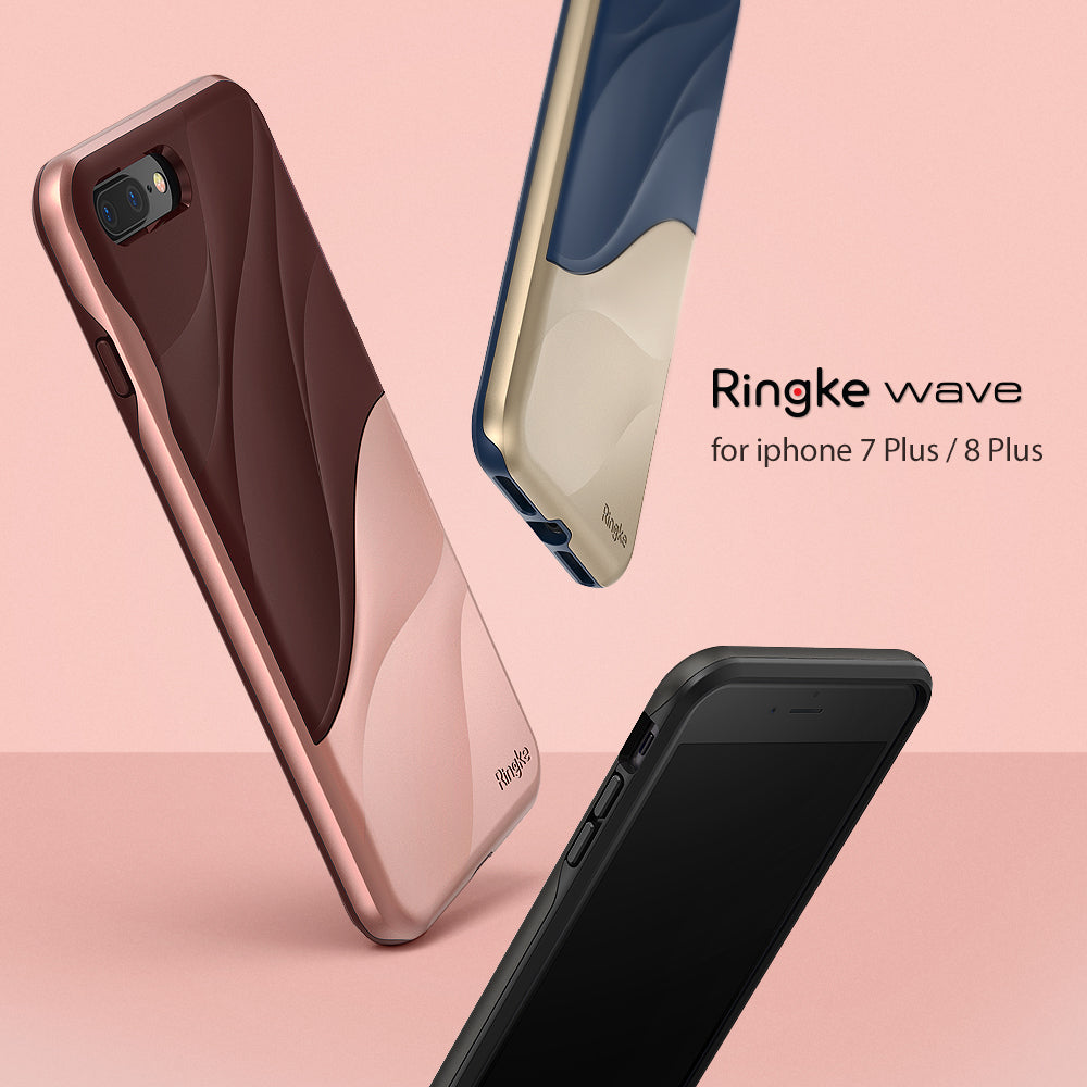 iPhone 8 Plus / 7 Plus Case | Wave - Three Ringke Wave phone cases in rose gold, blue, and black on a pink background.