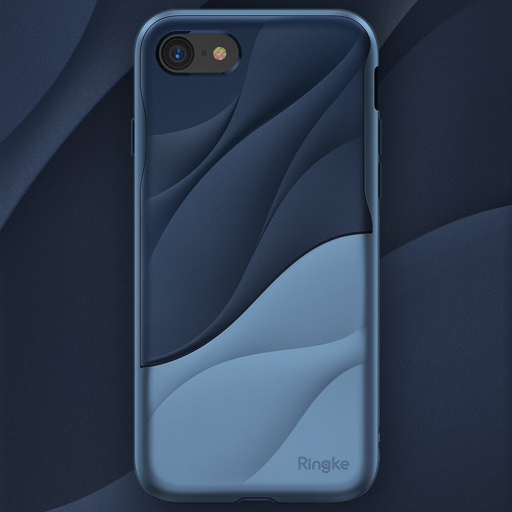 iPhone 8 / 7 Case | Wave - Coastal blue phone case with a sculpted, layered wave pattern and Ringke branding on a dark background.