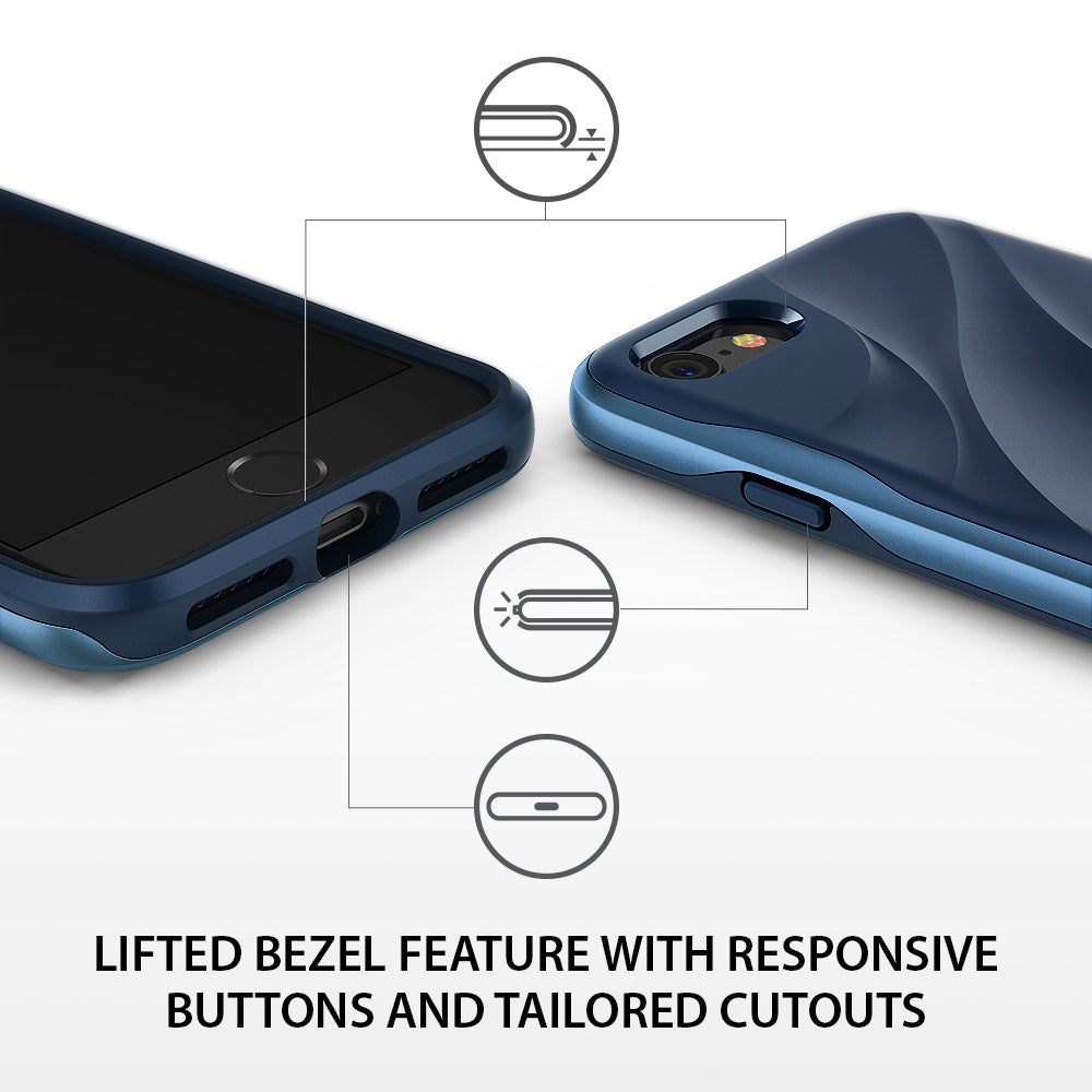 iPhone 8 / 7 Case | Wave - Blue phone case showing lifted screen bezel, responsive buttons, and precise port cutouts.