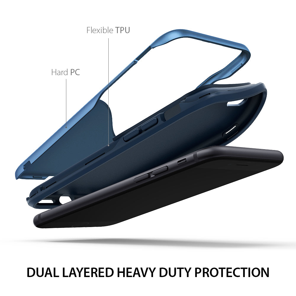iPhone 8 / 7 Case | Wave - Exploded view of a blue dual-layer phone case showing flexible TPU and hard PC components.