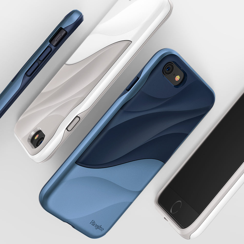 iPhone 8 / 7 Case | Wave - Three iPhone cases with wavy, layered designs in blue and white color schemes on a white background.