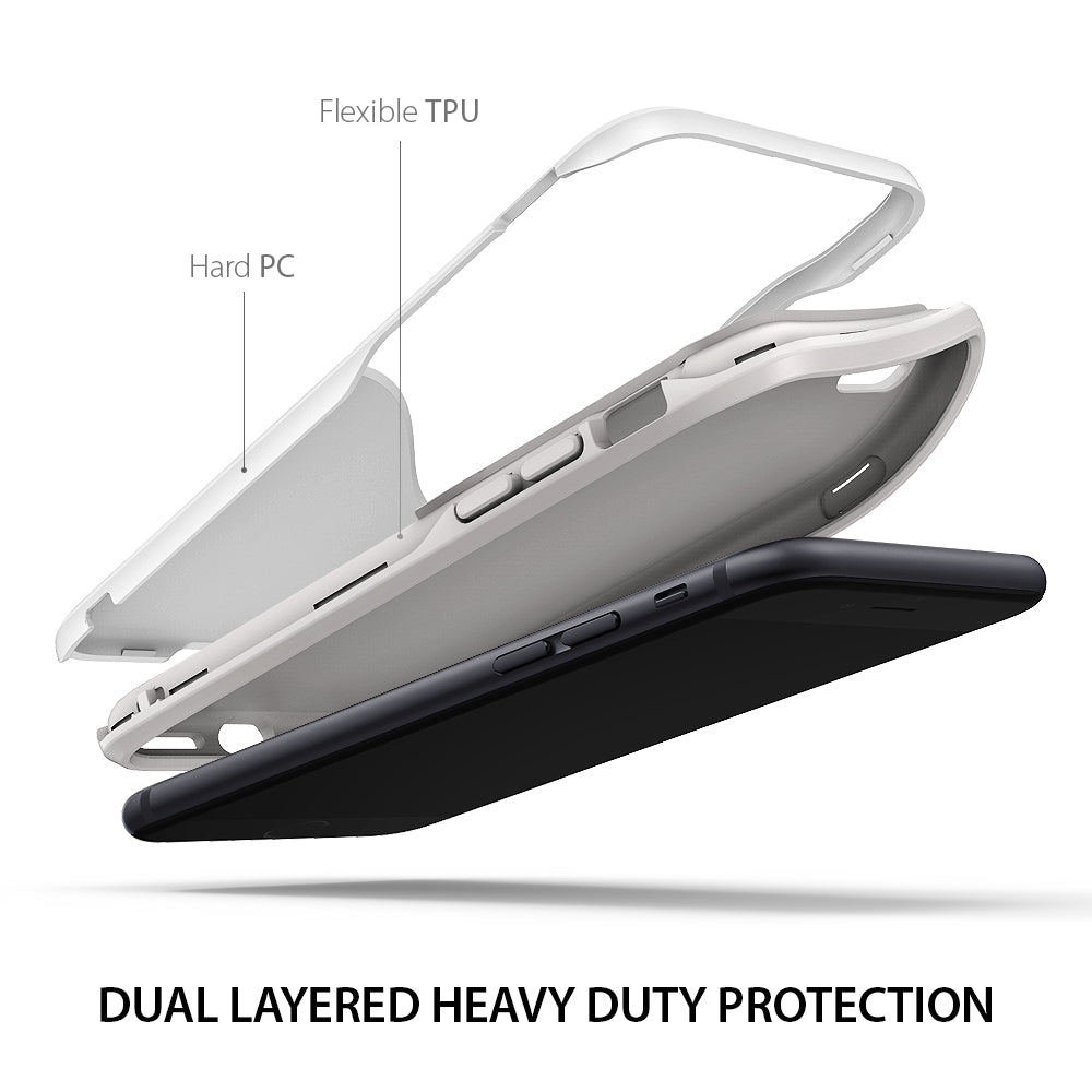 iPhone 8 / 7 Case | Wave - Exploded view of a dual-layer phone case with flexible TPU and hard PC components above a phone.