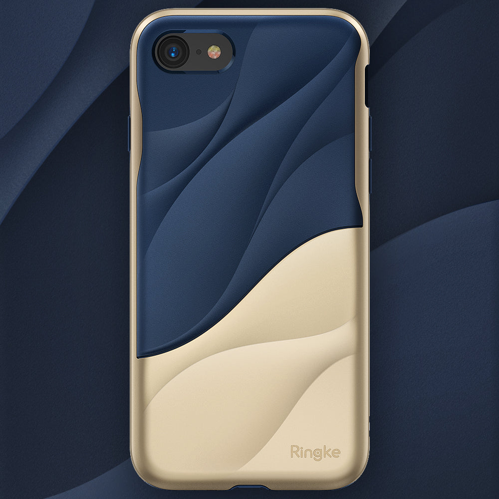 iPhone 8 / 7 Case | Wave - Navy blue and gold phone case with a textured, flowing wave design and Ringke branding.